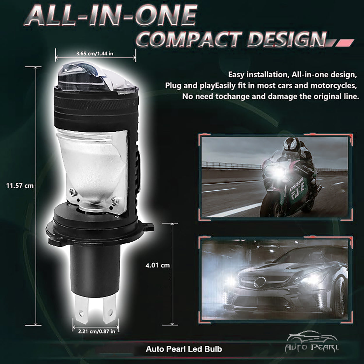 Auto Pearl H4 LED Projector Lens Motorcycle Headlight Bulbs 12V 8000LM Bulb H4 CSP Chip High/Low Beam, 45W-55W Canbus Turbo, 6000K White Light compatible with All Bike (Pack of 1)