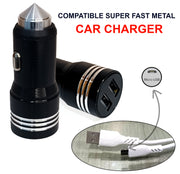 2-Ports Fast Metal Black Car Charger with Micro-USB Cable, LED Indicator, Turbo Charger, Dual USB (Pack of 1)