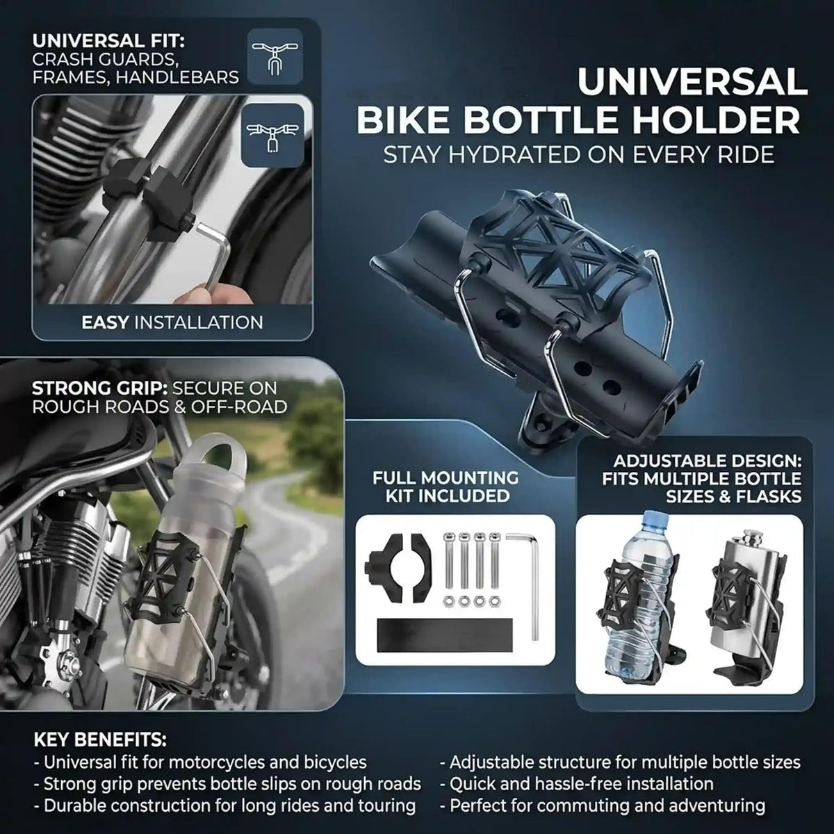 Auto Pearl Motorcycle Bottle Holder | 360° Rotatable | Adaptive Folding | Durable Nylon | Universal Fit | Black