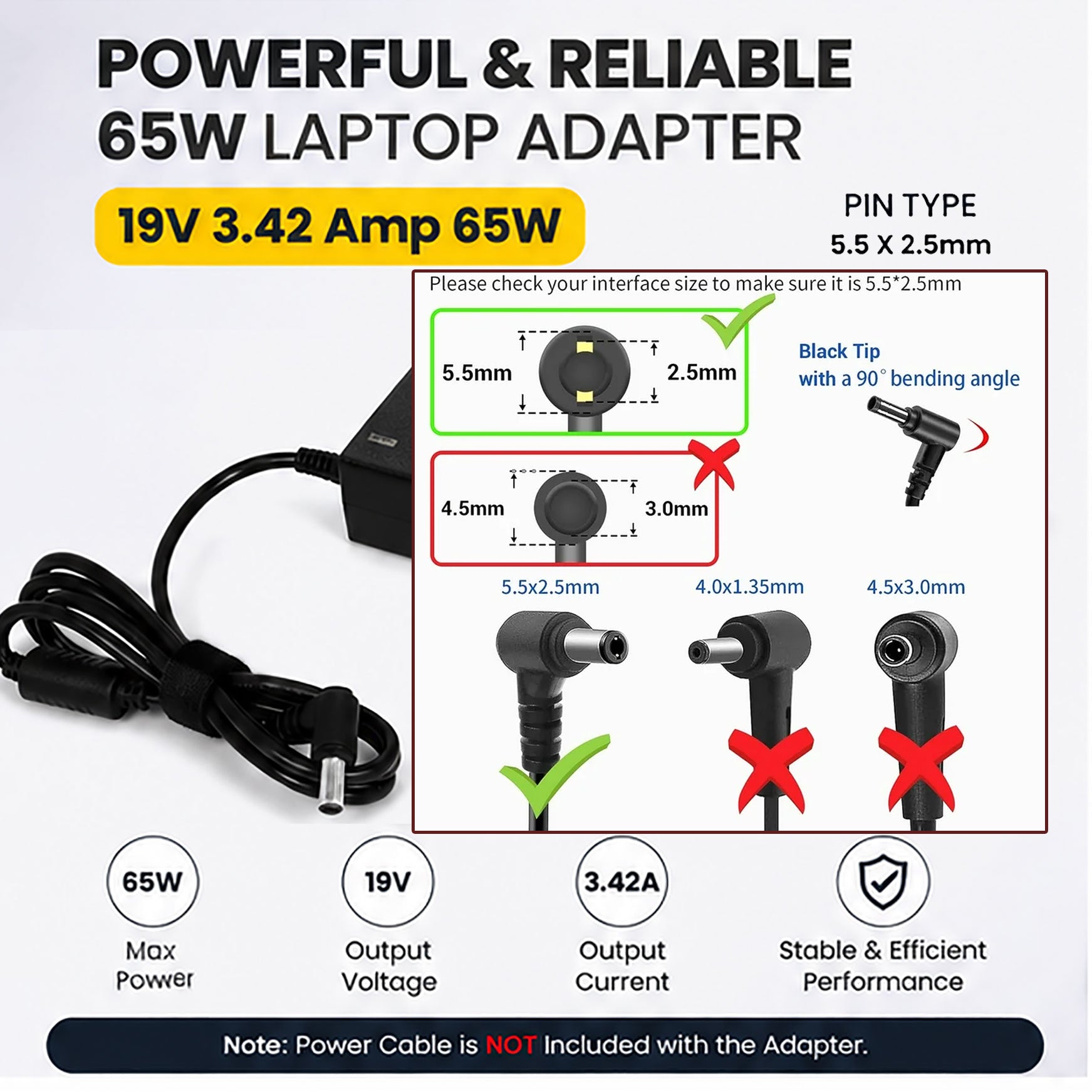65W 19V 3.42A Laptop Charger for Toshiba & Acer with 5.5x2.5 mm Pin