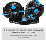 Mini 360 Degree Air Flow Car Fan, 100% Copper Motor, Dual Head, 2 Speed, Quiet & Strong, 12V DC, Universal Fit