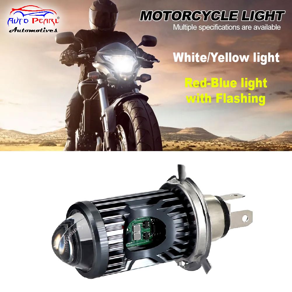 Auto Pearl Motorcycle H4 35W LED Headlight Dual Beam White and Yellow light and Red-Blue light with Flashing mode (Pack of 1)