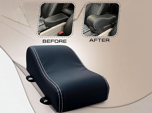 Auto Pearl ComfiRest Car Armrest Cushion, High-Density Foam Arm Support, Universal Fit for All Cars | Armrest Height Extender with Double Stitching | Nappa Leatherette (Black with White Seam)