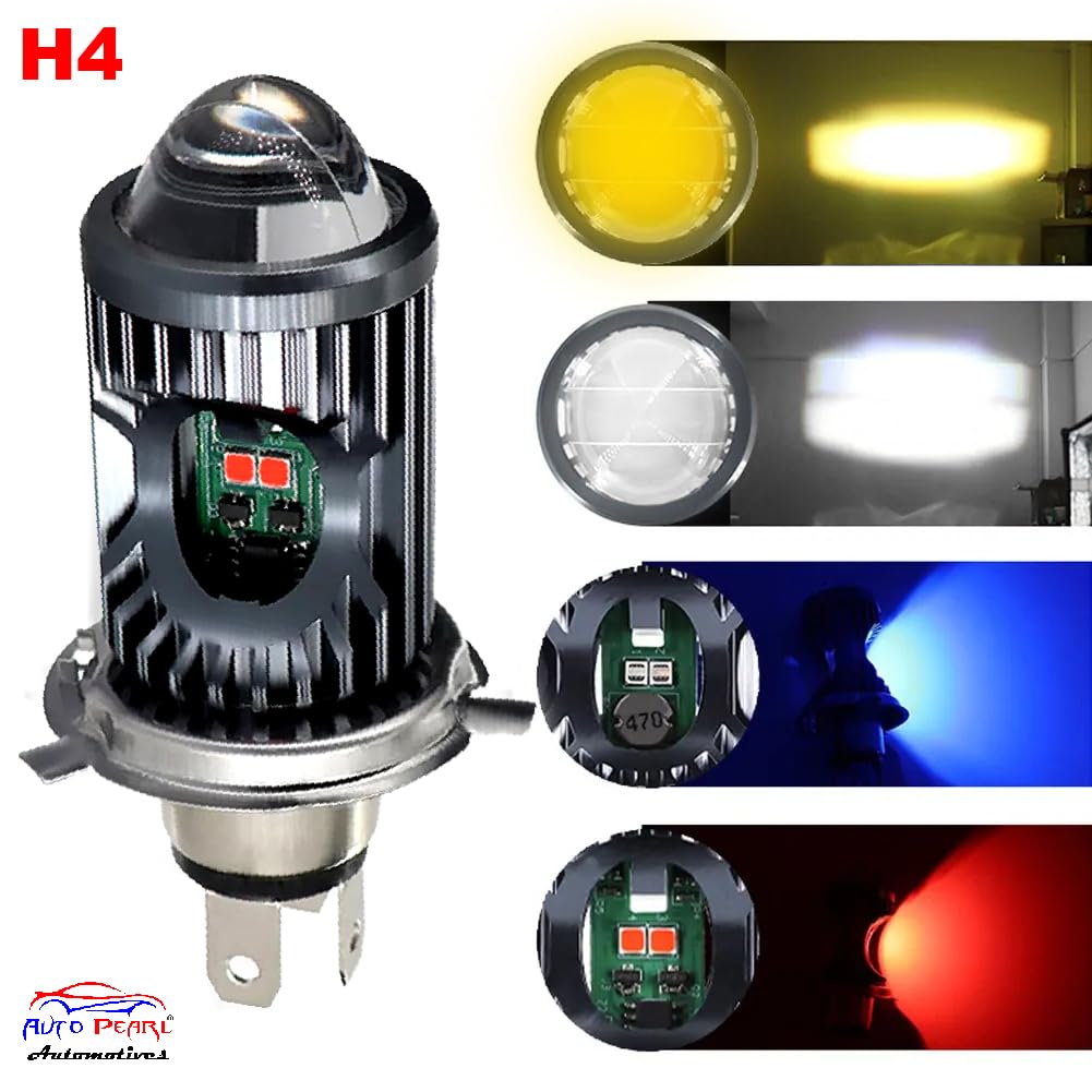 Auto Pearl Motorcycle H4 35W LED Headlight Dual Beam White and Yellow light and Red-Blue light with Flashing mode (Pack of 1)