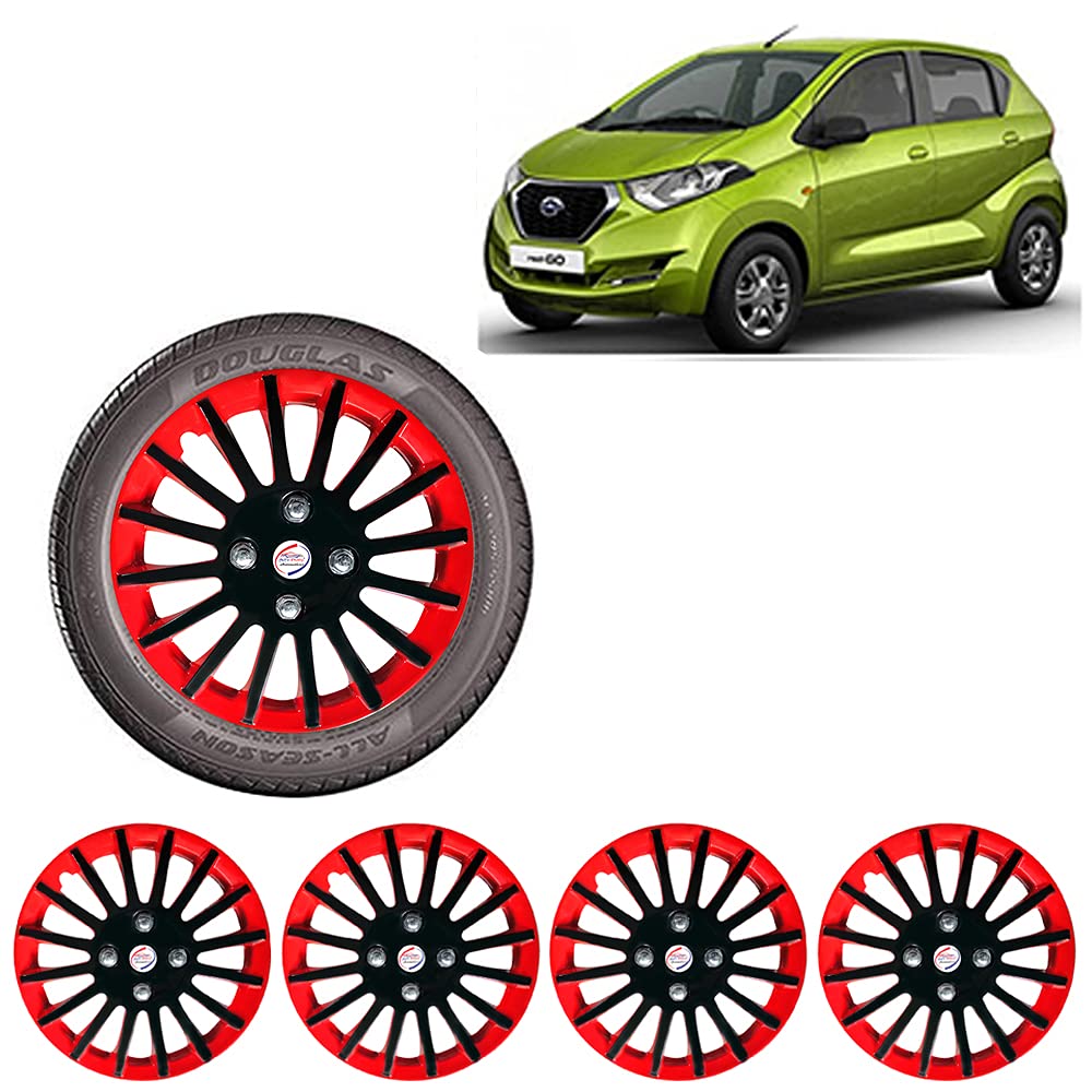 Auto Pearl - Premium inch | Set of 4 Pcs | Press Type Hubcap Wheel Cover Replacements for OEM Steel Wheels ABS with Retention Ring | - for - Datsun Redi Go | Color:-Black Red
