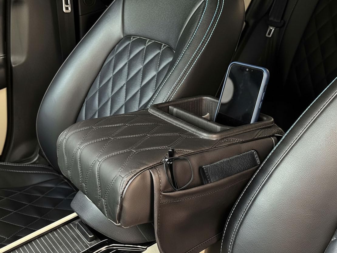 Auto Pearl Nappa Leatherette Car Armrest Cushion with Cup Holder | Foam Arm Support Pad | Universal Fit for All Cars | Armrest Height Extender with Mobile Holder & Utility Pockets