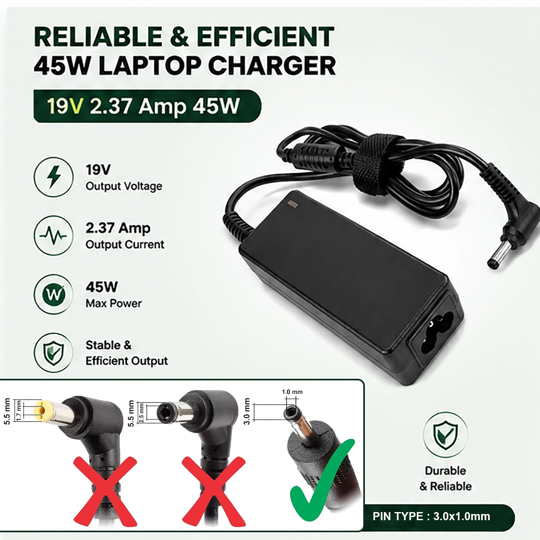45W 19V 2.37A Laptop Charger for Acer with 3.0x1.0 mm Pin