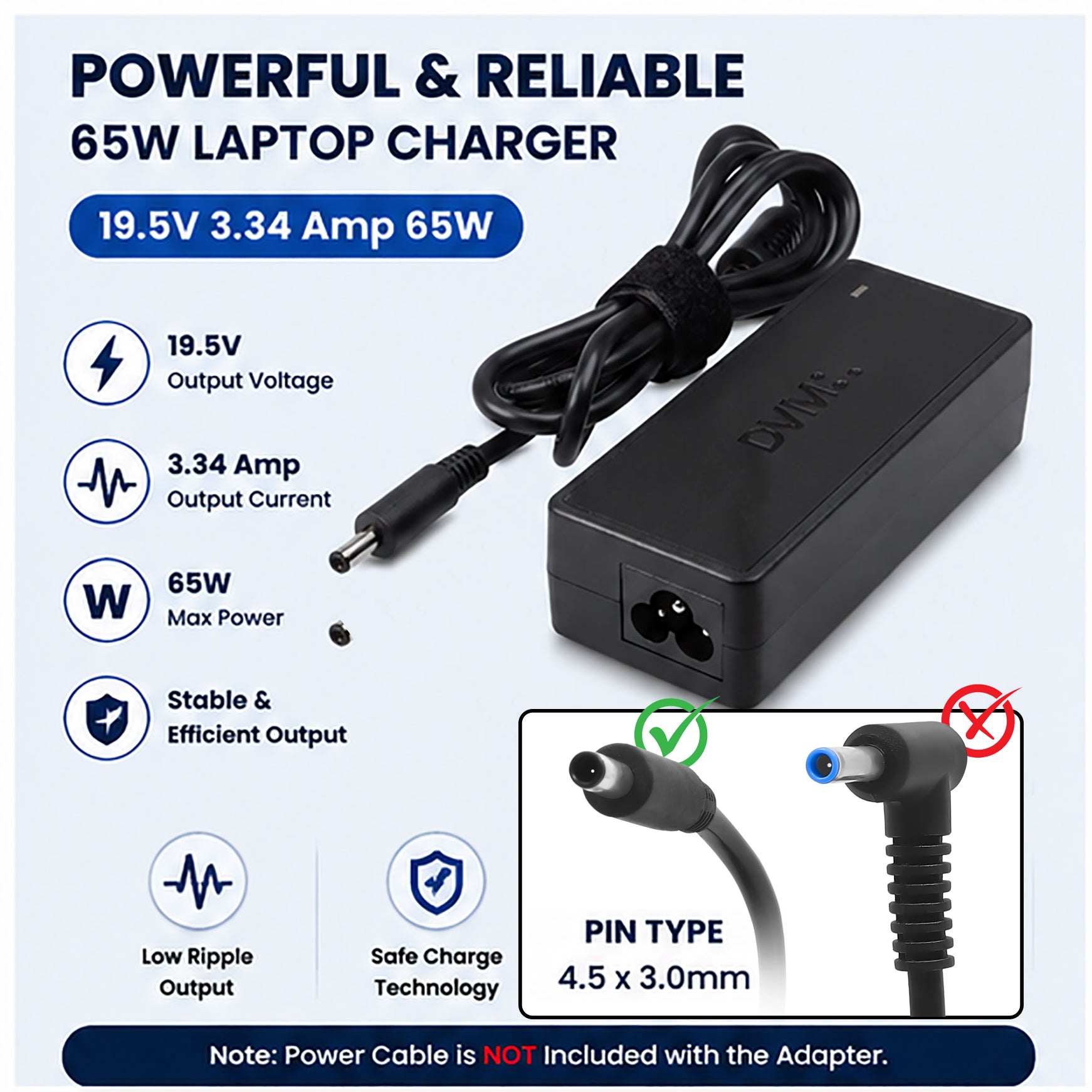 65W 19.5V 3.34A Laptop Charger for Dell with 4.5x3.0 mm Pin