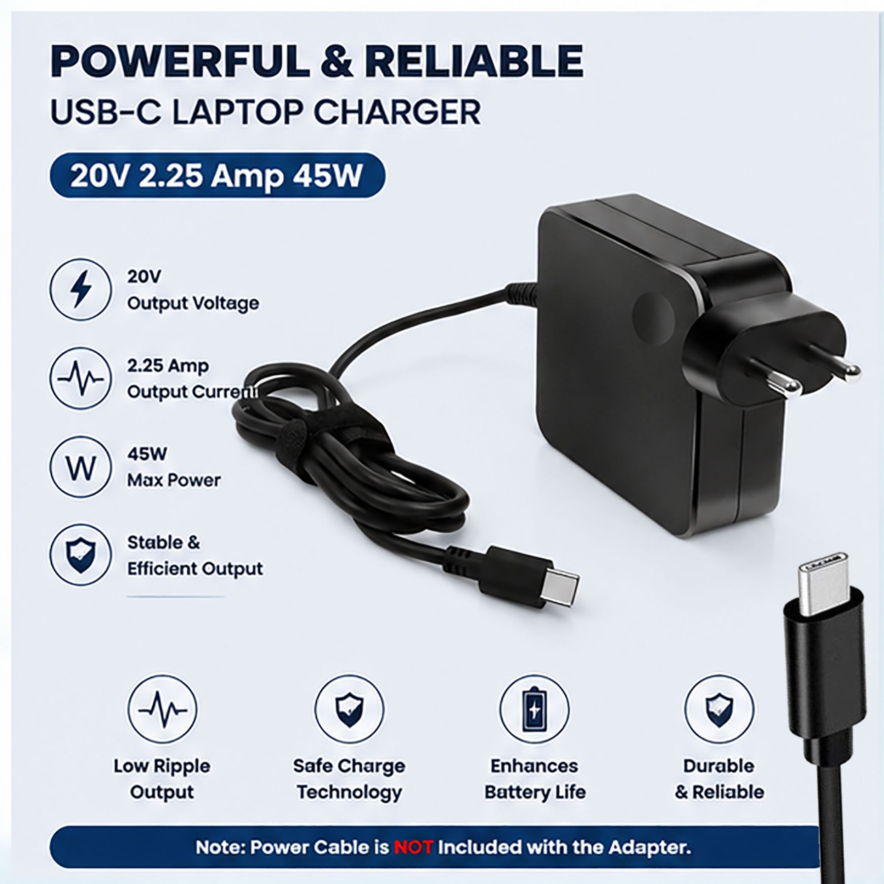 45W 20V 2.25A USB Type-C Wall Charger for All USB-C PD Laptops
