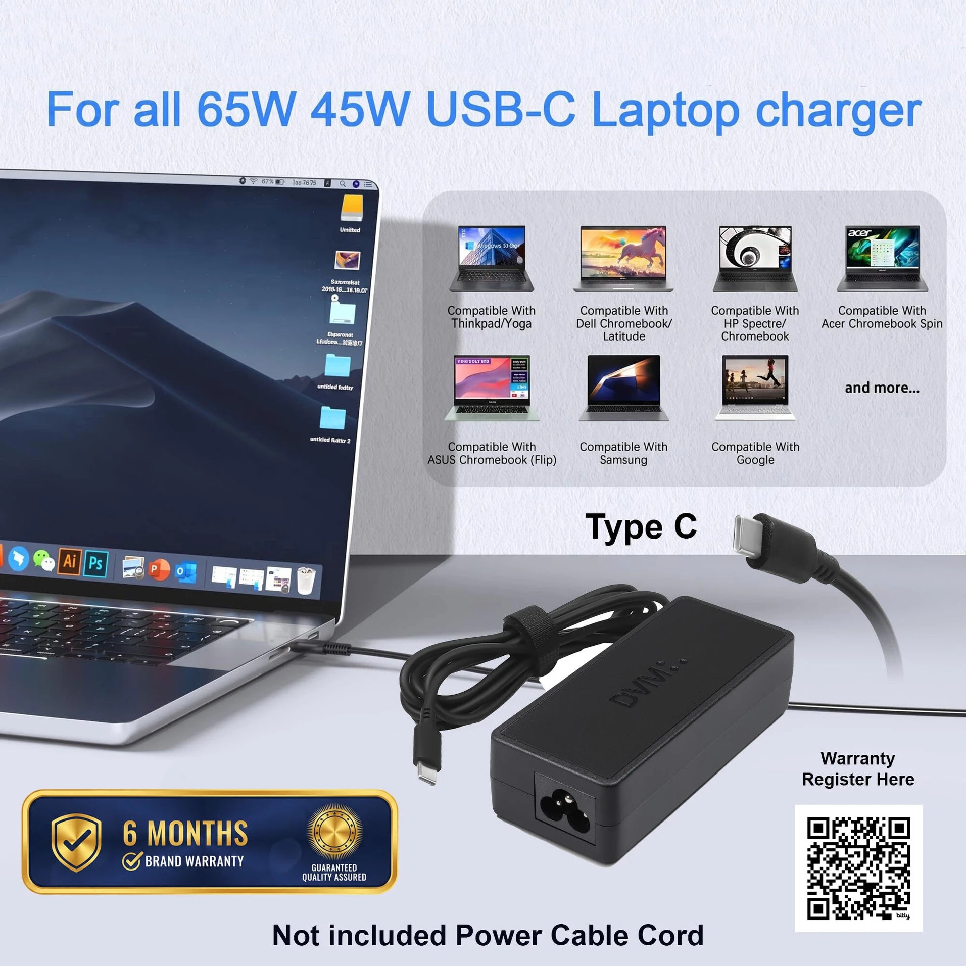 65W 20V 3.25A Type-C Universal Laptop Charger for All USB-C PD Laptops Adapter