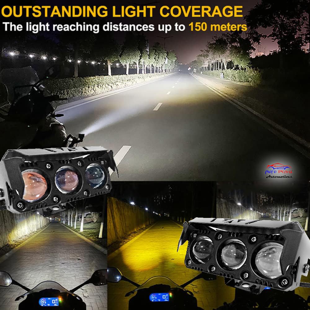 Auto Pearl Motorcycle 3-Projector Lens Driving Lights Yellow/White LED Spot light 20W Dual Color Mode Fog Lights (Pack of 1)