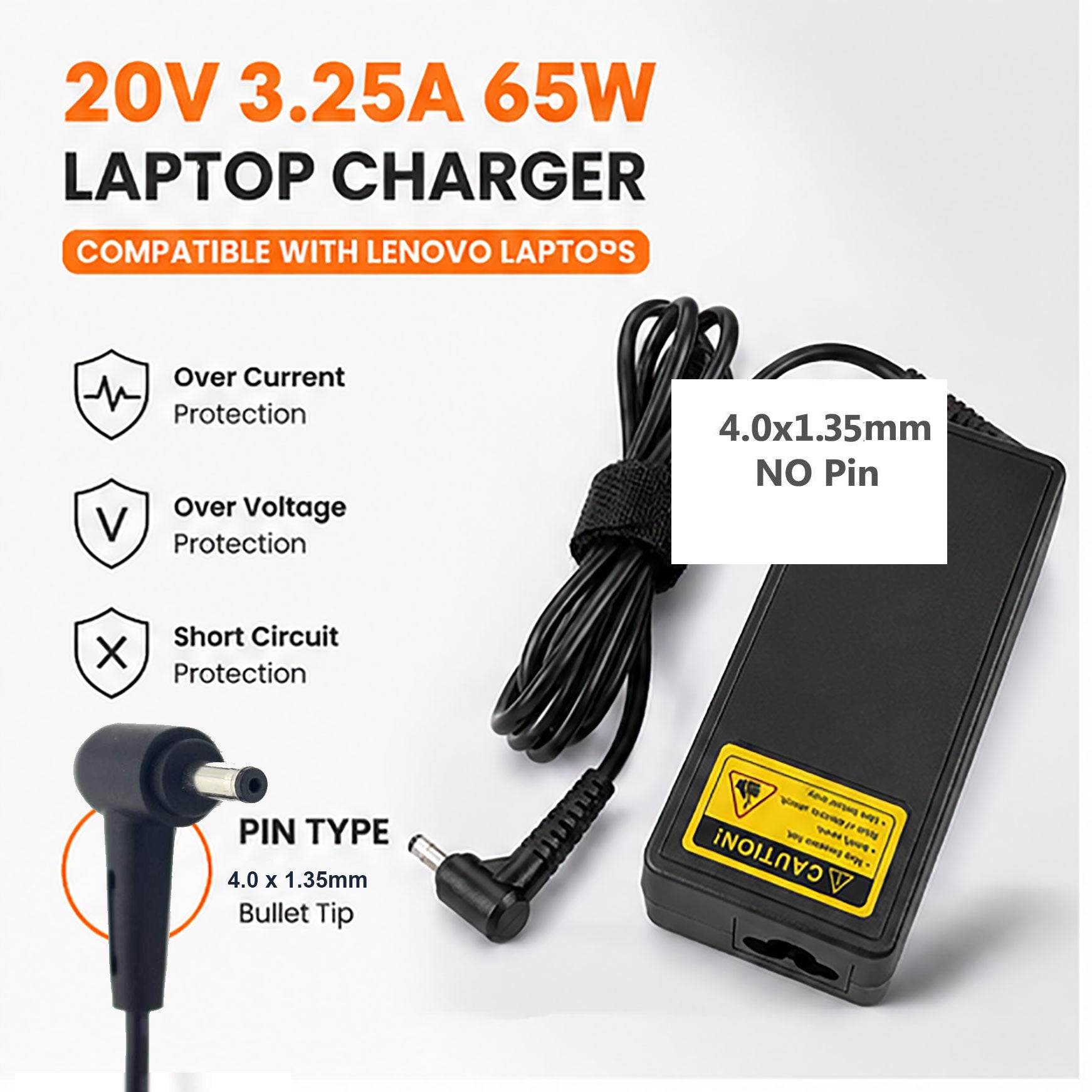 65W 20V 3.25A Lenovo Laptop Charger with 4.0x1.35 mm Bullet Tip