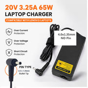 65W 20V 3.25A Lenovo Laptop Charger with 4.0x1.35 mm Bullet Tip