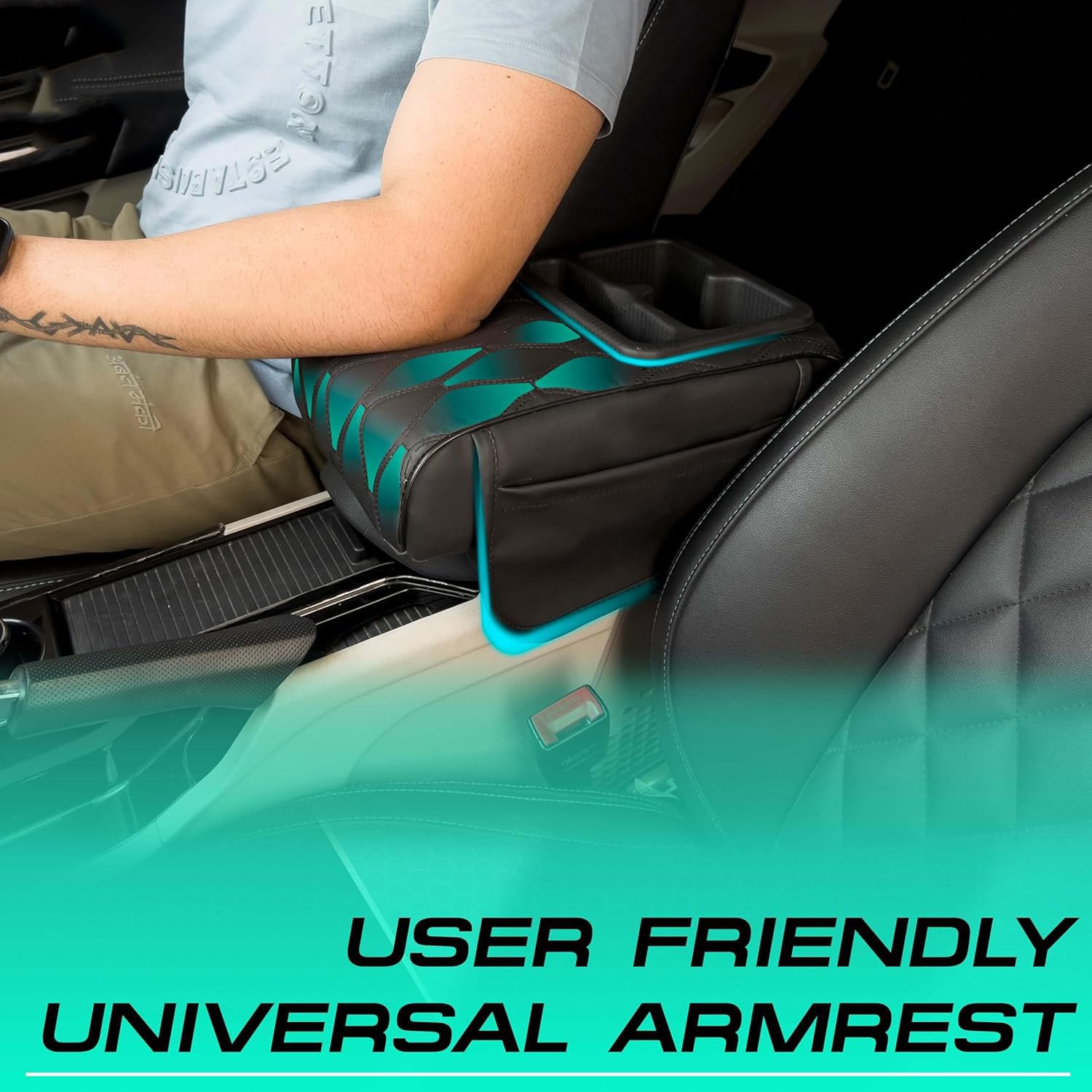 Auto Pearl Nappa Leatherette Car Armrest Cushion with Cup Holder | Foam Arm Support Pad | Universal Fit for All Cars | Armrest Height Extender with Mobile Holder & Utility Pockets