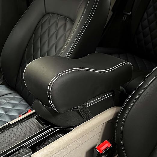 Auto Pearl ComfiRest Car Armrest Cushion, High-Density Foam Arm Support, Universal Fit for All Cars | Armrest Height Extender with Double Stitching | Nappa Leatherette (Black with White Seam)