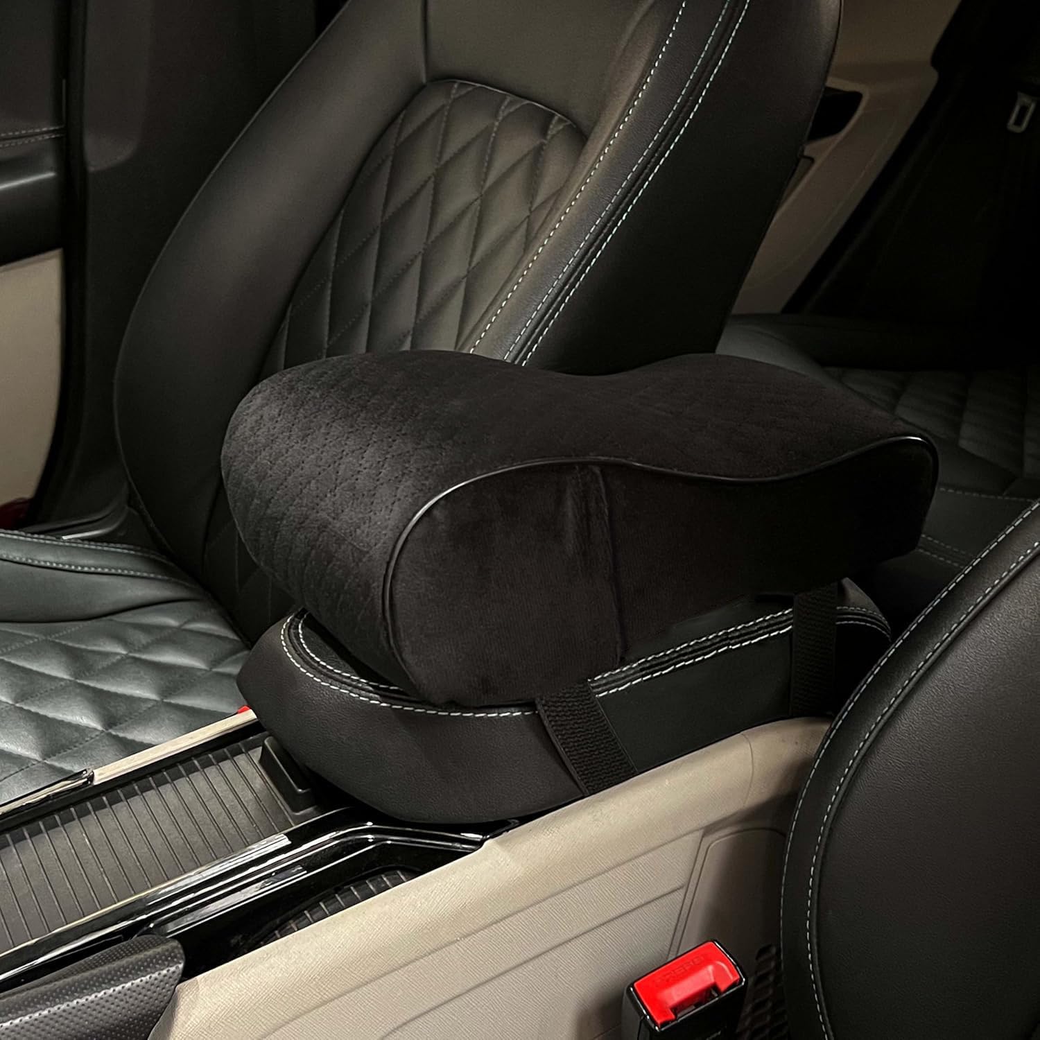 Auto Pearl ComfiRest Memory Foam Car Armrest Support | Universal Fit Arm Cushion | Armrest Height Extender Pad | Breathable Velvet with Dual Mobile Pockets (Black Seam)