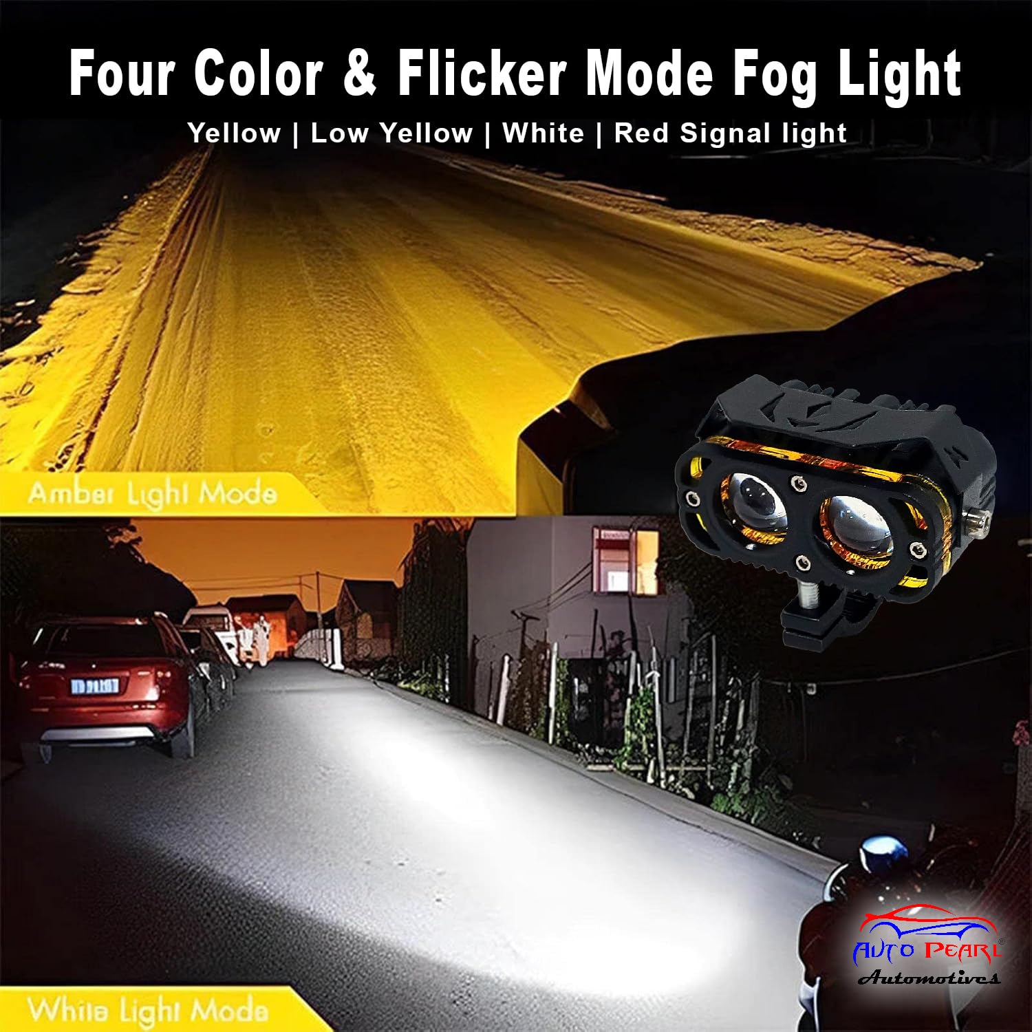 Auto Pearl 2-Lens LED Motorcycle Yellow/White/Low-Yellow and Red High Beam Fog Light with Flashing Mode Off-Road Vehicles compatible with All BIke/Car