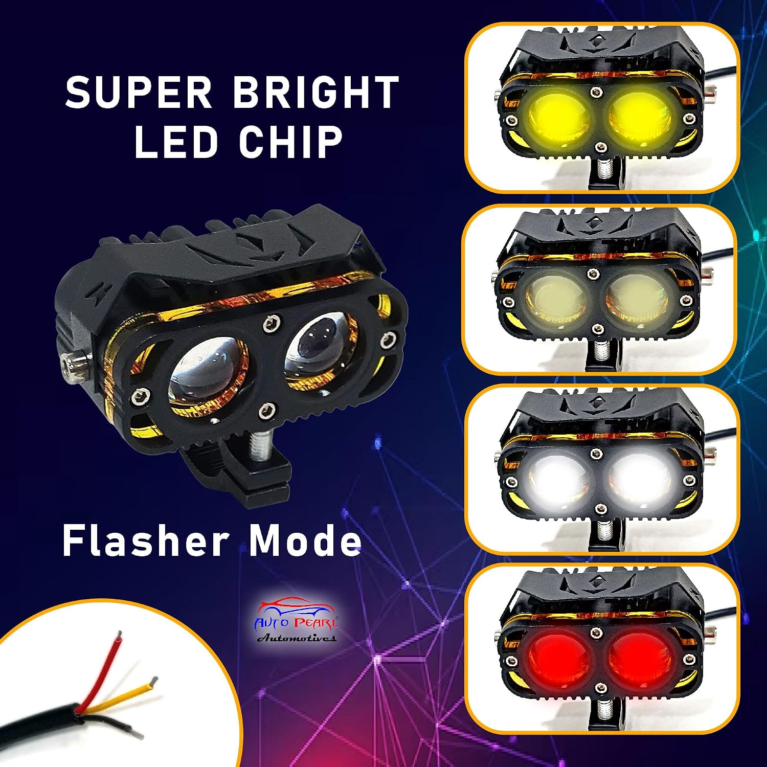Auto Pearl 2-Lens LED Motorcycle Yellow/White/Low-Yellow and Red High Beam Fog Light with Flashing Mode Off-Road Vehicles compatible with All BIke/Car