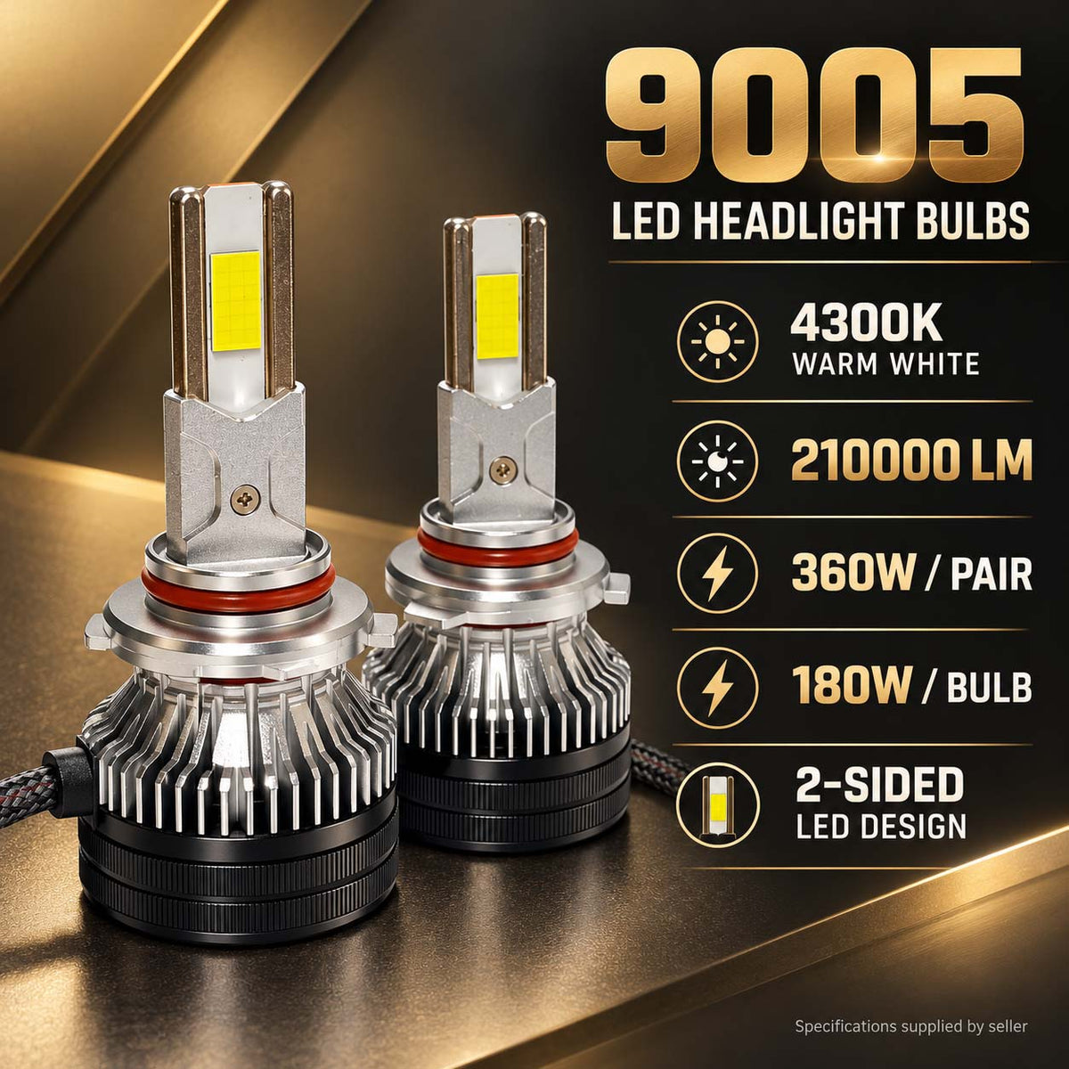 Auto Pearl 9005 F15 LED Headlight Bulb, 4300K Warm White Light, 360W (180W Each), 21000LM, Rear Cooling Fan
