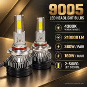 Auto Pearl F15 9005 LED Headlight Bulb, 4300K Warm White Light, 360W (180W Each), 21000LM, Rear Cooling Fan