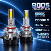 Auto Pearl F15 9005 LED Headlight Bulb, 6000K Cool White Light, 360W (180W Each), 21000LM, Rear Cooling Fan