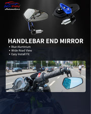 Auto Pearl Motorcycle CNC Handle Bar End Rearview Mirrors Aluminum Alloy Blue Black Rearview Mirrors, 360 Degree Adjustable Rear View Mirrors compatible with All Bike (Pack of 2)
