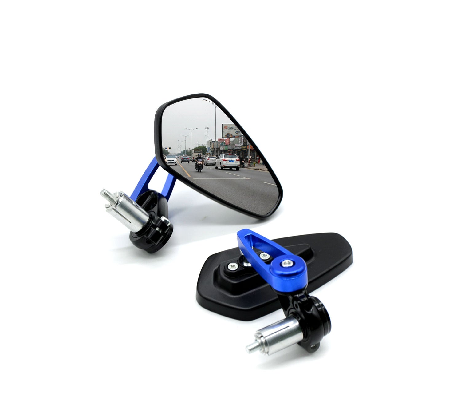 Auto Pearl Motorcycle CNC Handle Bar End Rearview Mirrors Aluminum Alloy Blue Black Rearview Mirrors, 360 Degree Adjustable Rear View Mirrors compatible with All Bike (Pack of 2)