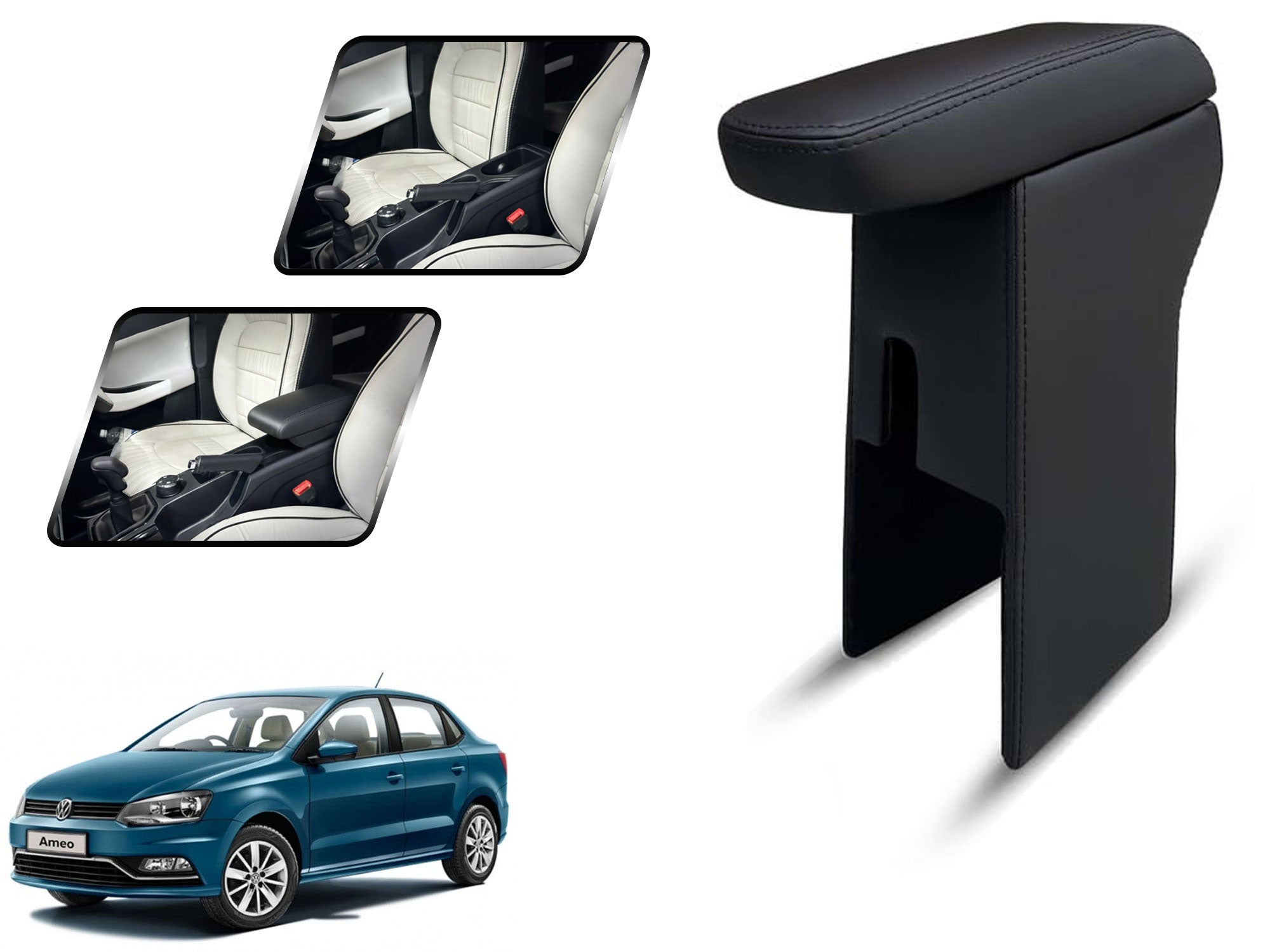 Auto Pearl Premium Car Armrest with Storage Box, High-Density Foam, Nappa Leatherette Black with double Stitching, No Obstruction to Rear Window Buttons, for Ameo