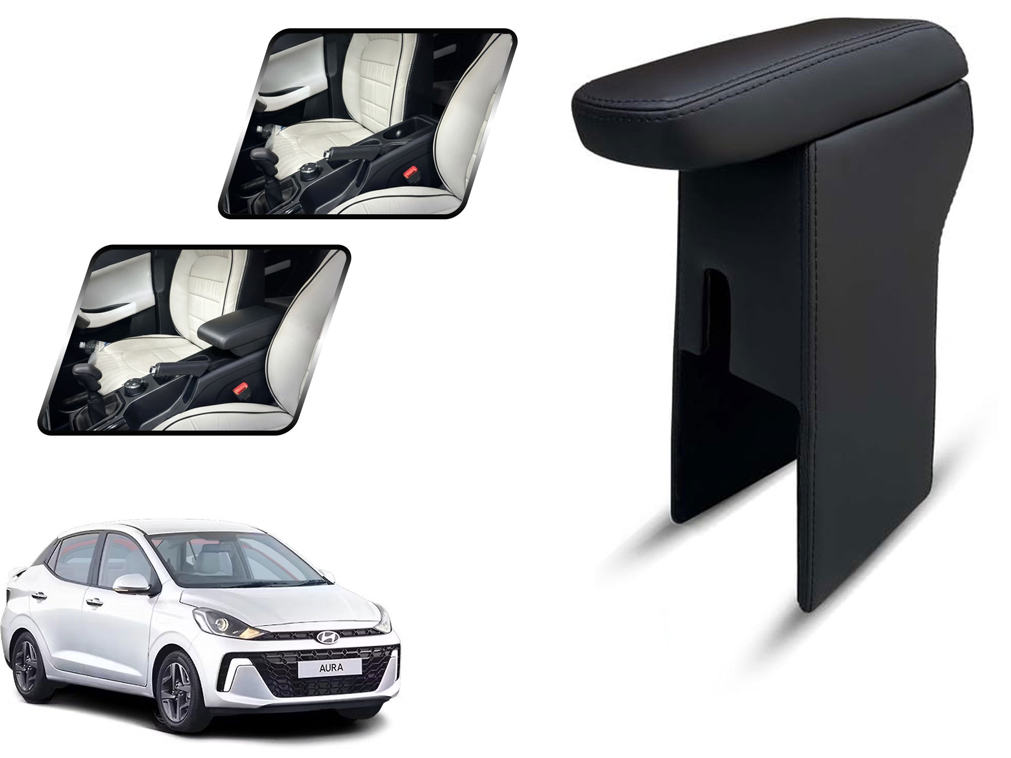 Auto Pearl Premium Car Armrest with Storage Box, High-Density Foam, Nappa Leatherette Black with double Stitching, No Obstruction to Rear Window Buttons, for Aura-2020-2023