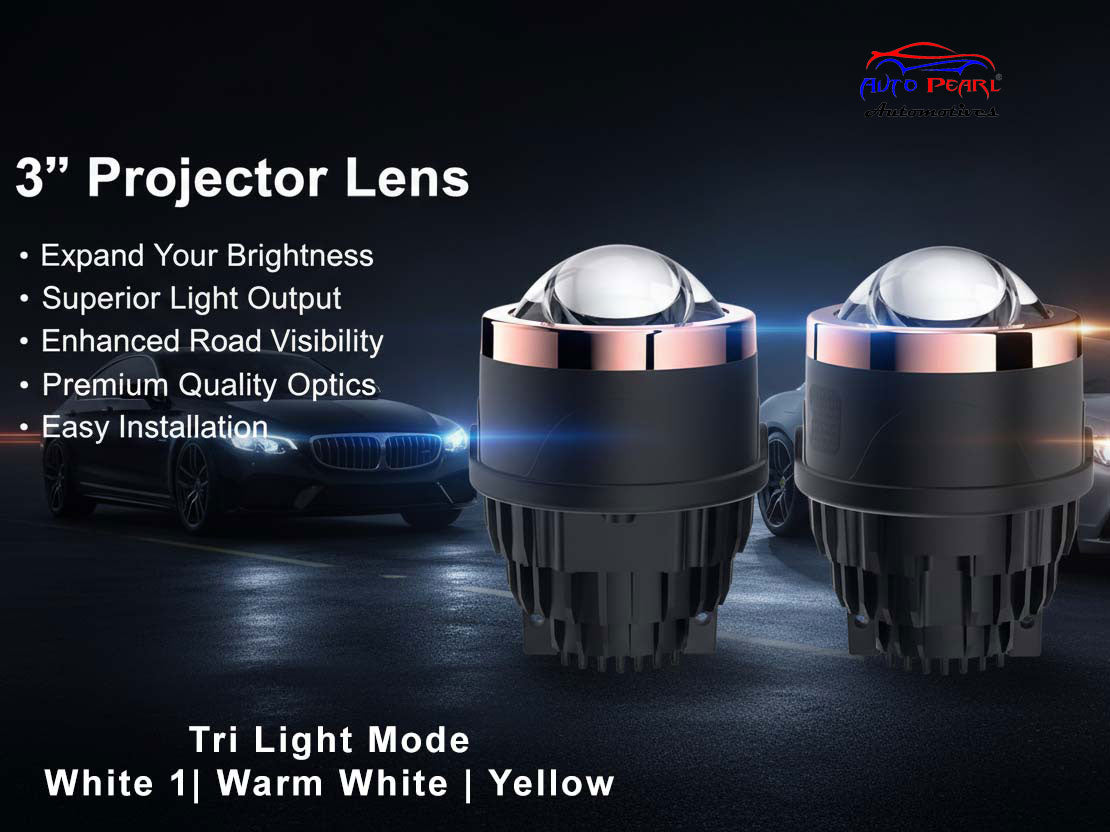 Auto Pearl 3in1 Projector Lens Fog Light With Tri-Color Inbuilt Led Hi/Low Beam 12V 3 Inch BI-Xenon Fog Light Projector Housing (White/Warm White/Yellow) compatible with All Car