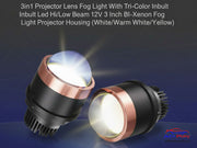 Auto Pearl 3in1 Projector Lens Fog Light With Tri-Color Inbuilt Led Hi/Low Beam 12V 3 Inch BI-Xenon Fog Light Projector Housing (White/Warm White/Yellow) compatible with All Car