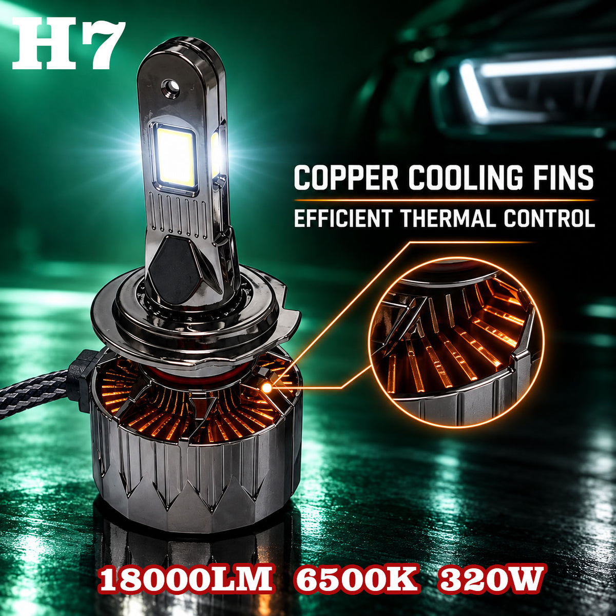 Auto Pearl H7-6500K 320W (160W Each), 18000LM LED Headlight Bulb with rear cooling Fan for Car (Cool White Light LED Headlight Bulb)