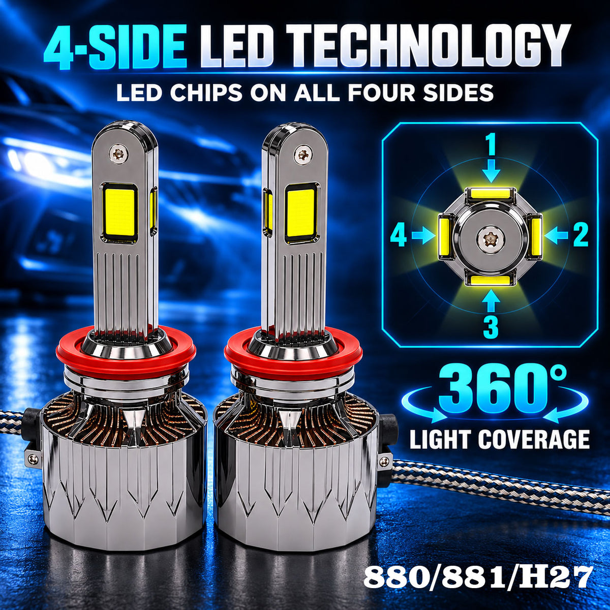 Auto Pearl H27-6500K 320W (160W Each), 18000LM LED Headlight Bulb with rear cooling Fan for Car (Cool White Light LED Headlight Bulb)