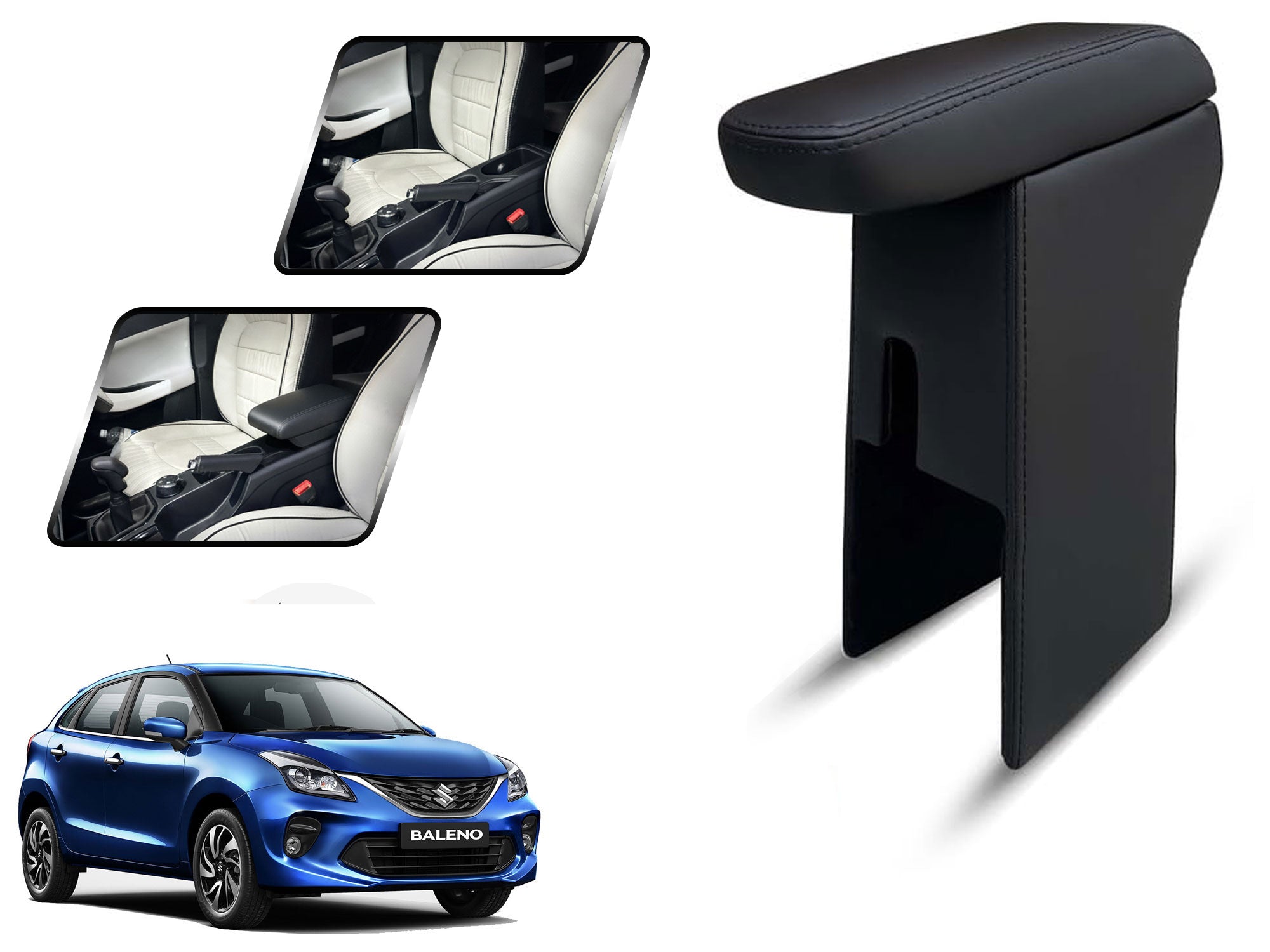 Auto Pearl Premium Car Armrest with Storage Box, High-Density Foam, Nappa Leatherette Black with double Stitching, No Obstruction to Rear Window Buttons, for Baleno-2022-2025
