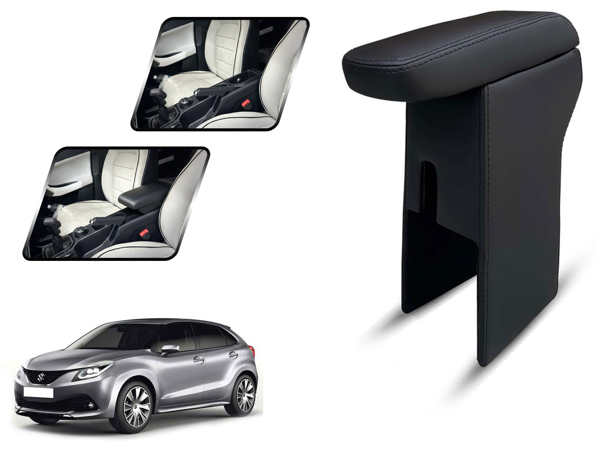 Auto Pearl Premium Car Armrest with Storage Box, High-Density Foam, Nappa Leatherette Black with double Stitching, No Obstruction to Rear Window Buttons, for Baleno New 2015-2019