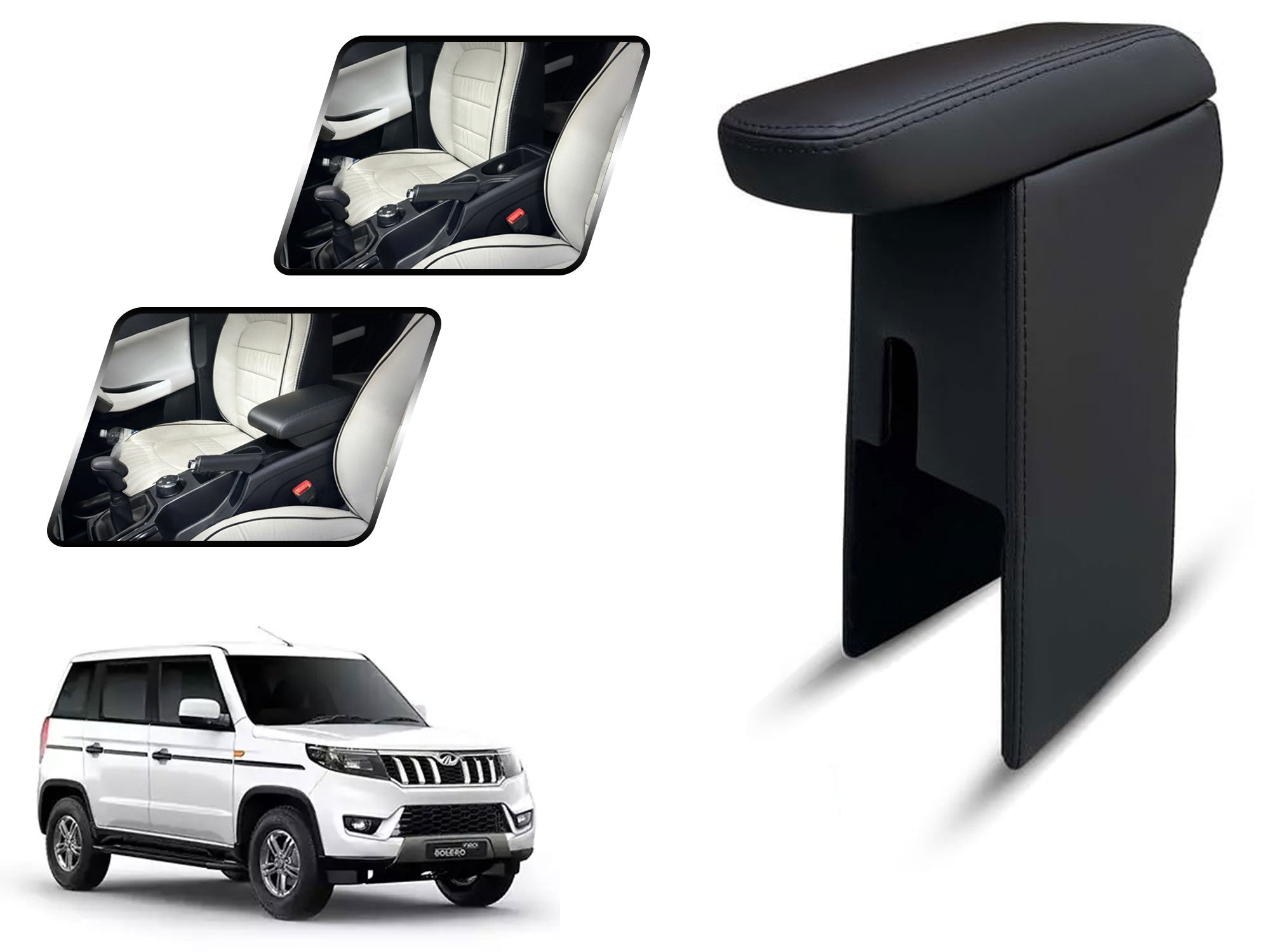 Auto Pearl Premium Car Armrest with Storage Box, High-Density Foam, Nappa Leatherette Black with double Stitching, No Obstruction to Rear Window Buttons, for Bolero Neo 2021