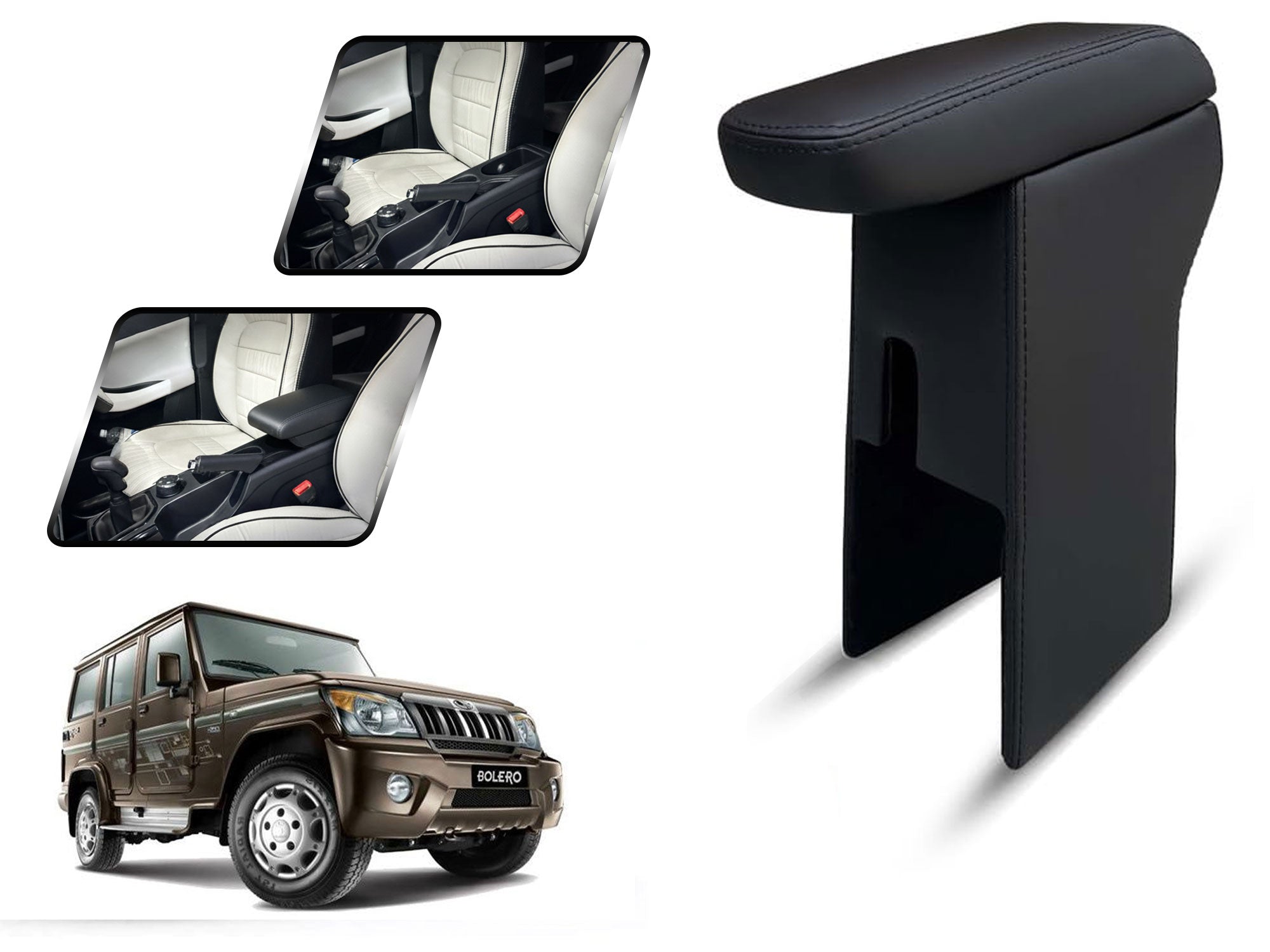 Auto Pearl Premium Car Armrest with Storage Box, High-Density Foam, Nappa Leatherette Black with double Stitching, No Obstruction to Rear Window Buttons, for Bolero-SLX-(2011-2019)