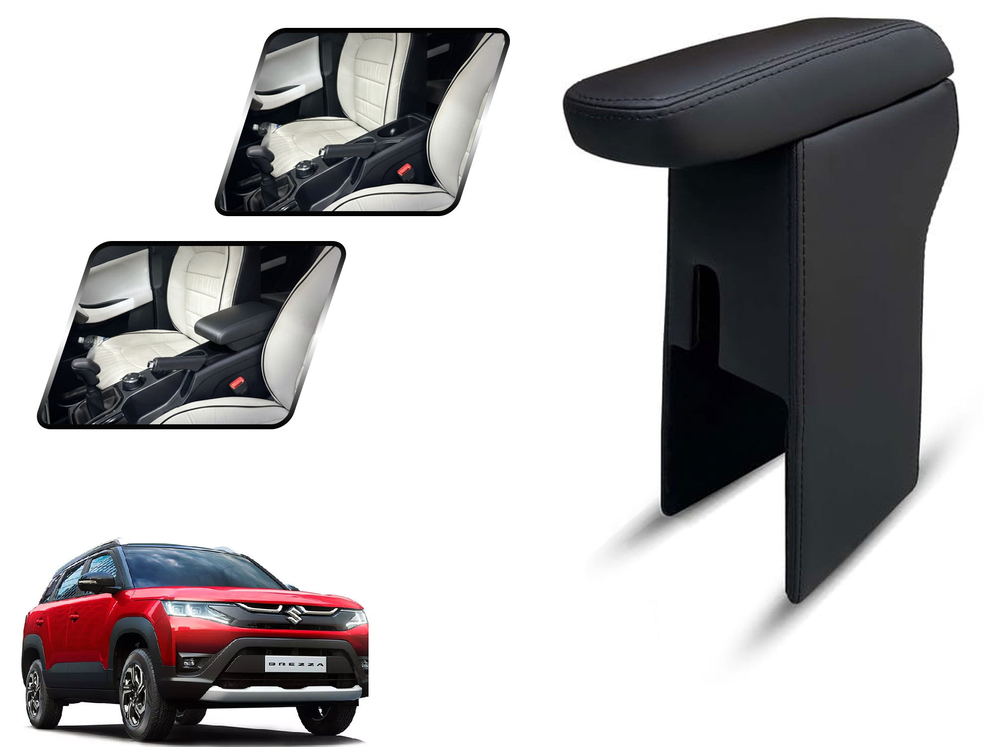 Auto Pearl Premium Car Armrest with Storage Box, High-Density Foam, Nappa Leatherette Black with double Stitching, No Obstruction to Rear Window Buttons, for Brezza 2022 Onwards
