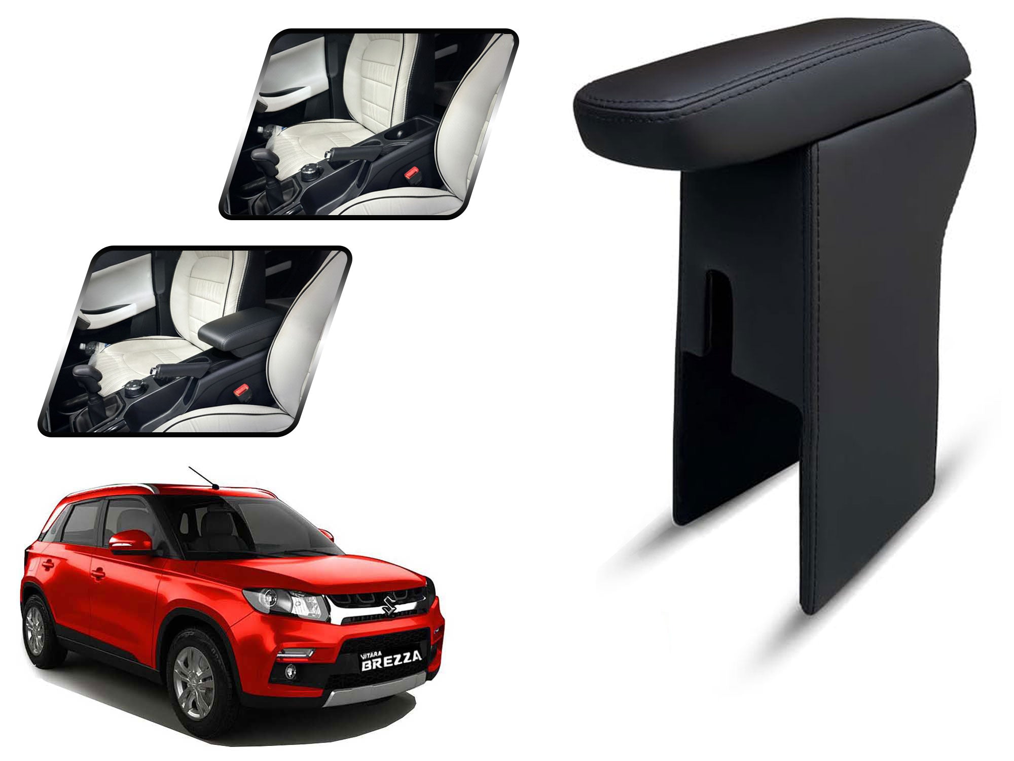 Auto Pearl Premium Car Armrest with Storage Box, High-Density Foam, Nappa Leatherette Black with double Stitching, No Obstruction to Rear Window Buttons, for Brezza (2016-2019)