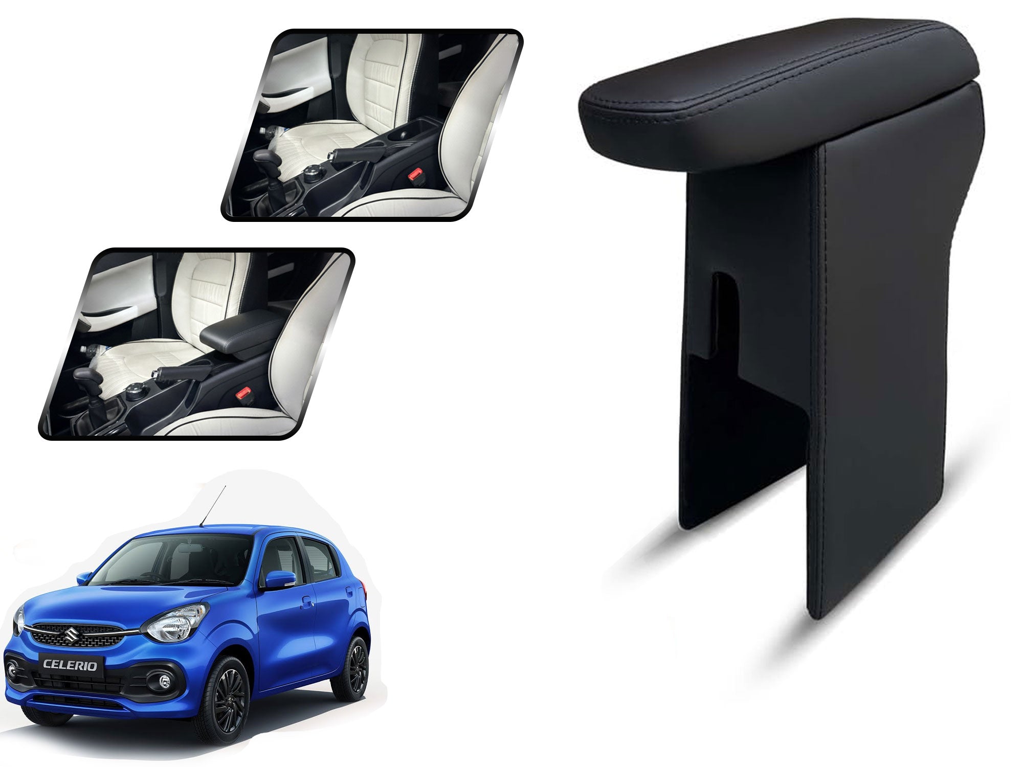 Auto Pearl Premium Car Armrest with Storage Box, High-Density Foam, Nappa Leatherette Black with double Stitching, No Obstruction to Rear Window Buttons, for Celerio 2021 onwards