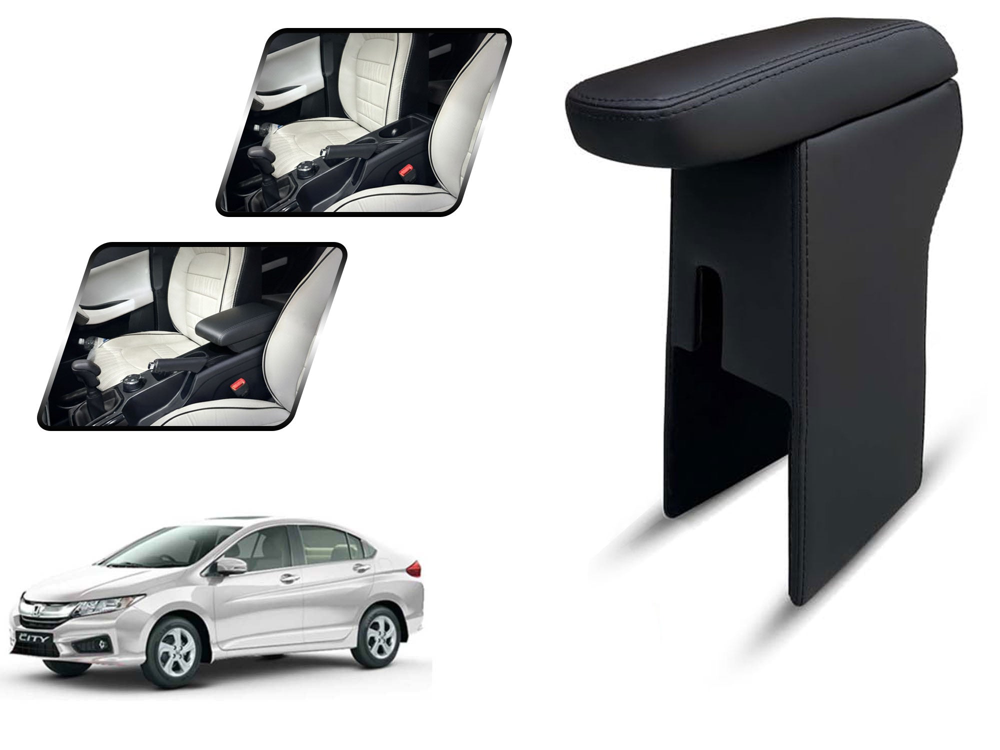 Auto Pearl Premium Car Armrest with Storage Box, High-Density Foam, Nappa Leatherette Black with double Stitching, No Obstruction to Rear Window Buttons, for City 2016