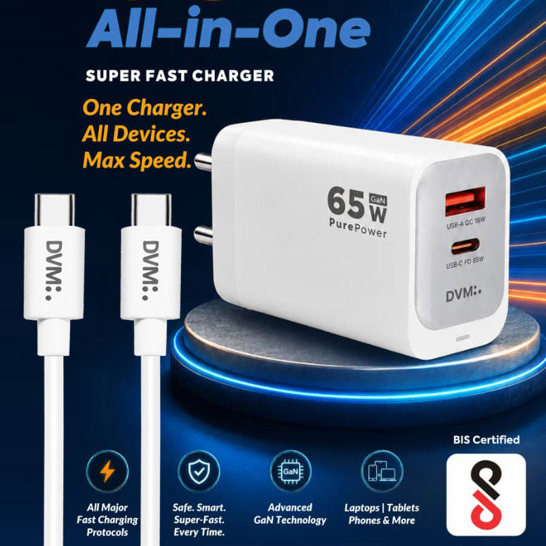 65W GaN Quick Charge 3A Wall Charger with Detachable Type-C to Type-C Cable