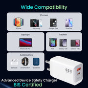 65W GaN Quick Charge 3A Wall Charger with Detachable Type-C to Type-C Cable