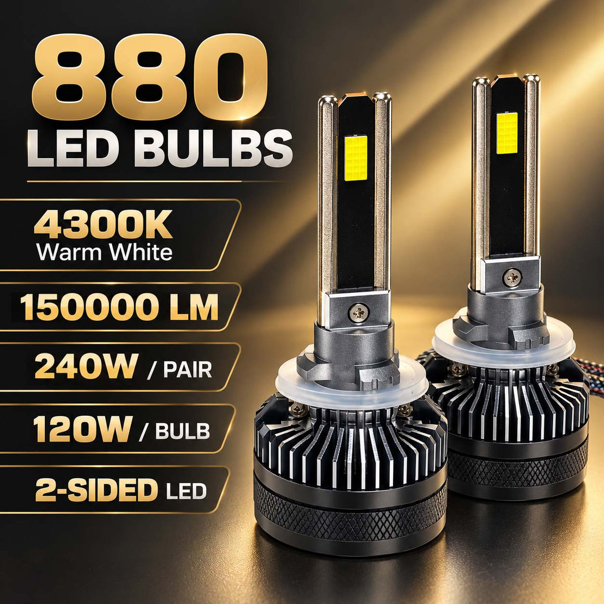 Auto Pearl 880/881/H27 E45 LED Headlight Bulb, 4300K Warm White Light, 240W (120W Each), 15000LM, with Rear Cooling Fan