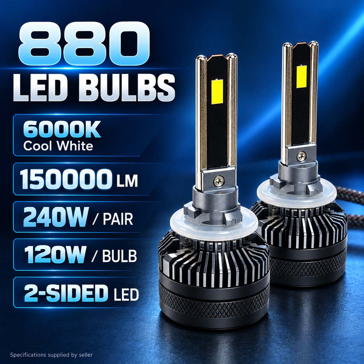 Auto Pearl 880/881/H27 E45 LED Headlight Bulb, 6000K, 240W (120W Each), 15000LM, with Rear Cooling Fan