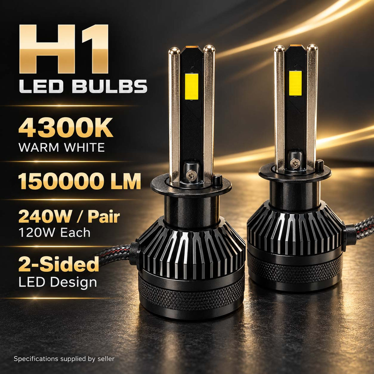 Auto Pearl H1 E45 LED Headlight Bulb, 4300K Warm White Light, 240W (120W Each), 15000LM, Rear Cooling Fan