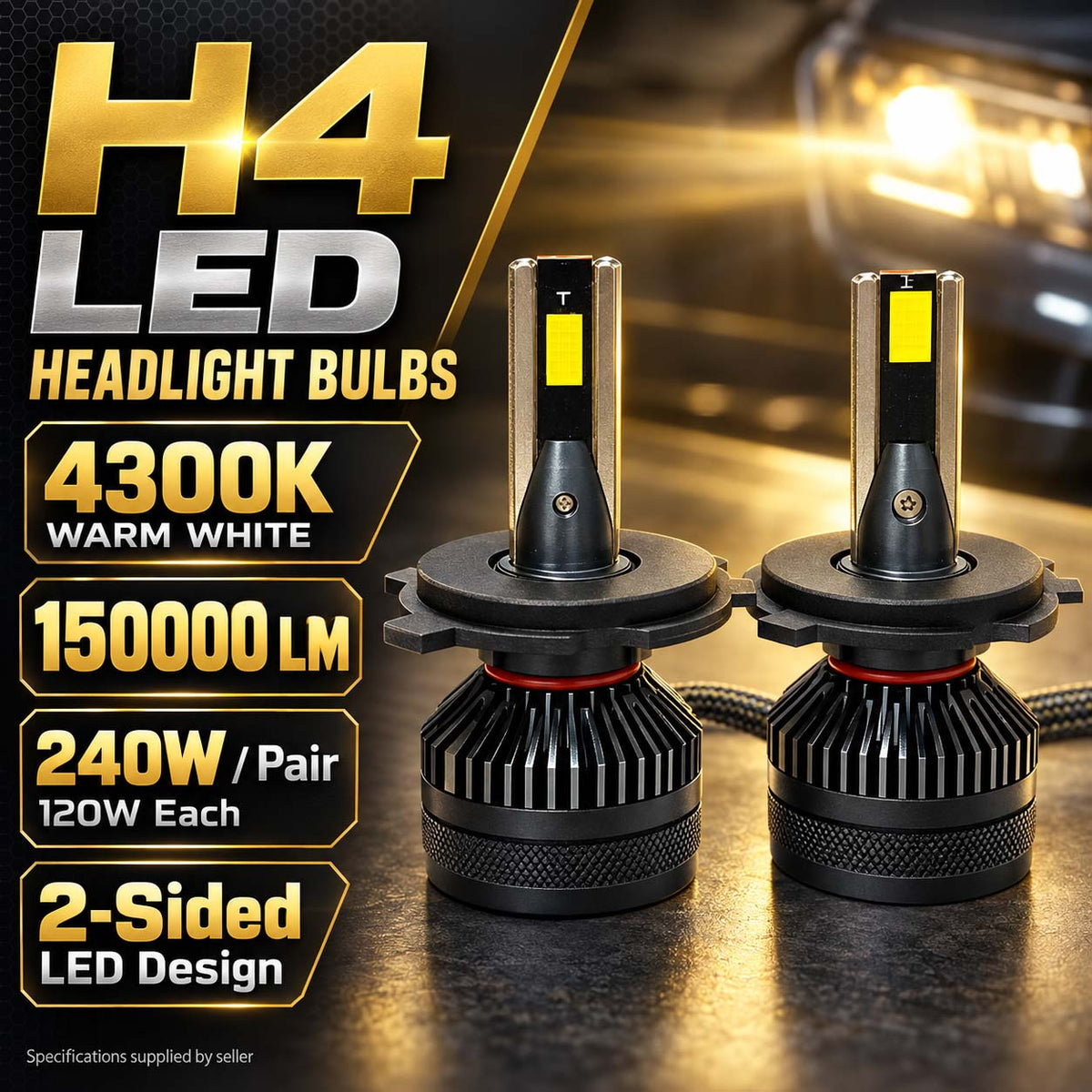 Auto Pearl H4 E45 LED Headlight Bulb, 4300K Warm White Light, 240W (120W Each), 15000LM, with Rear Cooling Fan