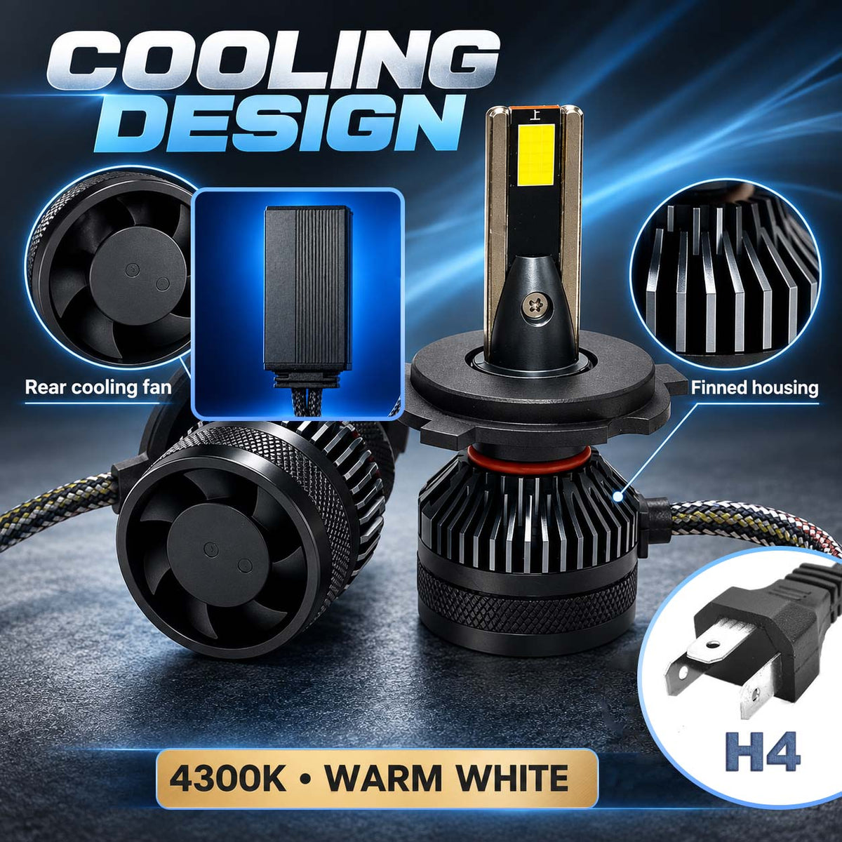 Auto Pearl H4 E45 LED Headlight Bulb, 4300K Warm White Light, 240W (120W Each), 15000LM, with Rear Cooling Fan
