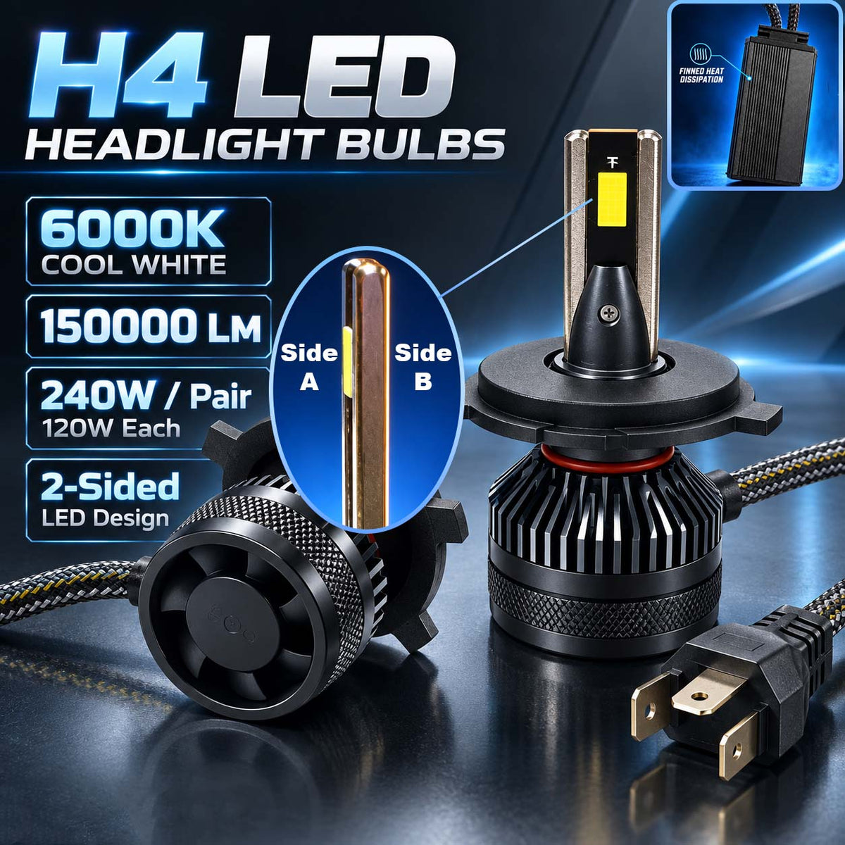 Auto Pearl H4 E45 LED Headlight Bulb, 6000K, 240W (120W Each), 15000LM, with Rear Cooling Fan