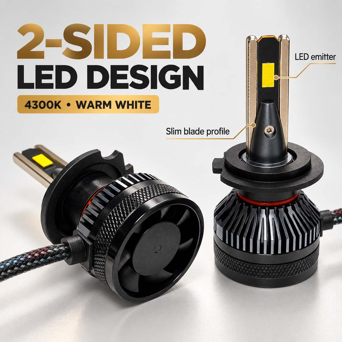 Auto Pearl H7 E45 LED Headlight Bulb, 4300K Warm White Light, 240W (120W Each), 15000LM, with Rear Cooling Fan